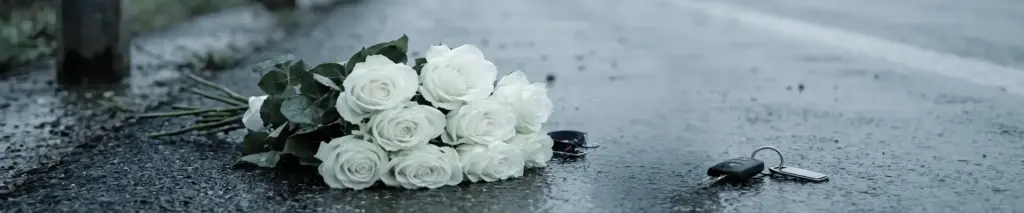 White bouquet of roses lies on a wet street near a car key fob and keyring after rain, suggesting loss or mourning in an urban setting.