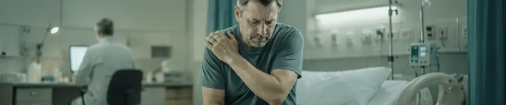 Man in a hospital room clutching his shoulder in pain beside a hospital bed, with a clinician at a desk in the background.