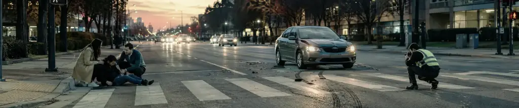 Silver sedan on a crosswalk after a collision as two bystanders comfort an injured person sitting on the curb, while a photographer in a reflective vest crouches to take photos at dusk.