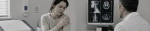 Woman sits in a medical exam room, holding her shoulder in visible pain as a clinician reviews imaging on a monitor behind her